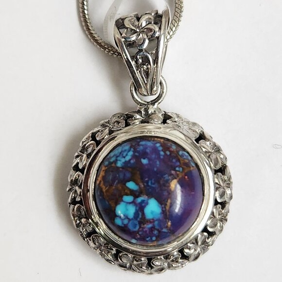 2011 925 Artisian Natural Purple Copper Turquoise Round Pendant 18" Silver Chain - Picture 8 of 10